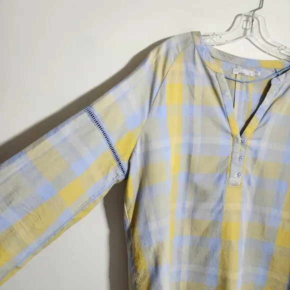PrAna Elena popover yellow & blue plaid vneck button front shirt woman's size XL - Picture 12 of 12